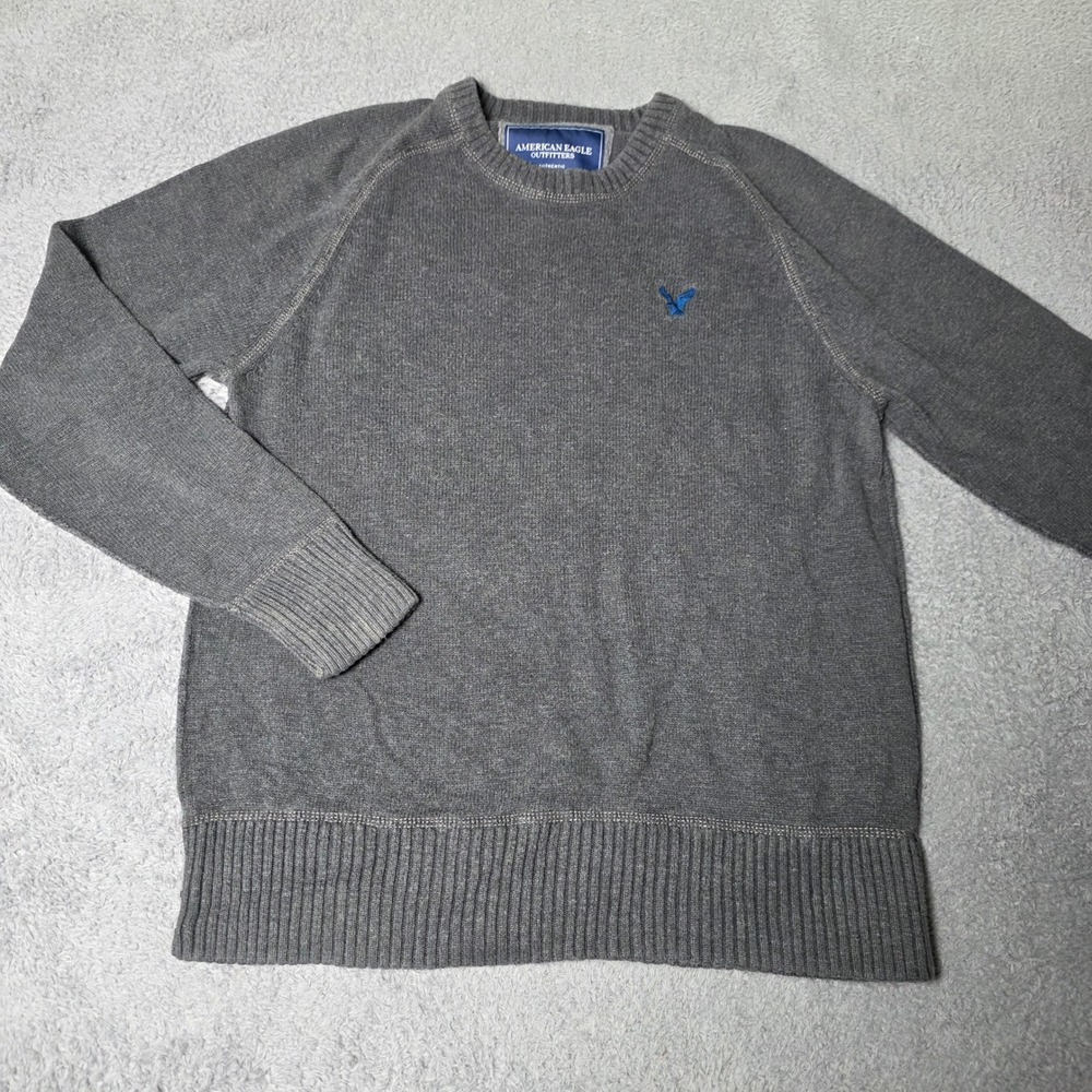 American Eagle Mens Medium Sweater Gray Cotton Crewneck Raglan Eagle Logo